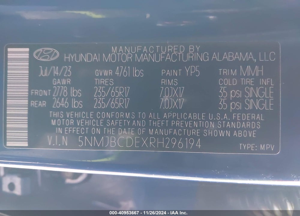 2024 HYUNDAI TUCSON SEL VIN: 5NMJBCDEXRH296194