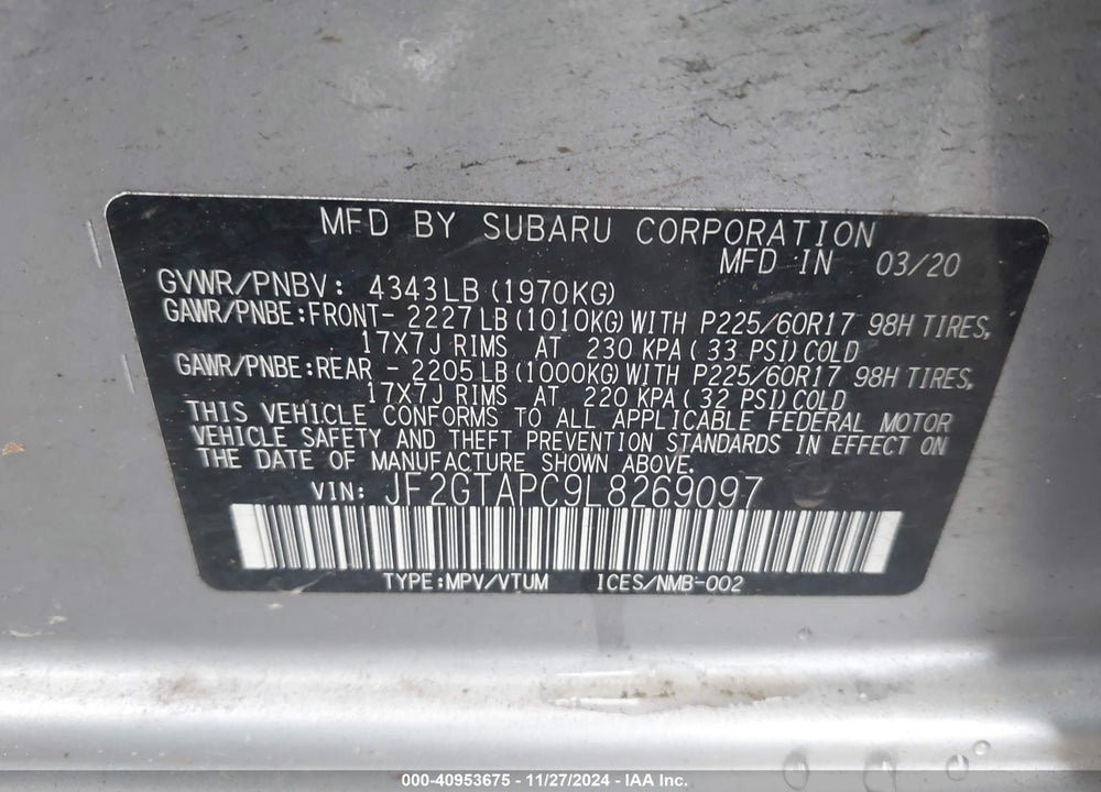 2020 SUBARU CROSSTREK PREMIUM VIN: JF2GTAPC9L8269097