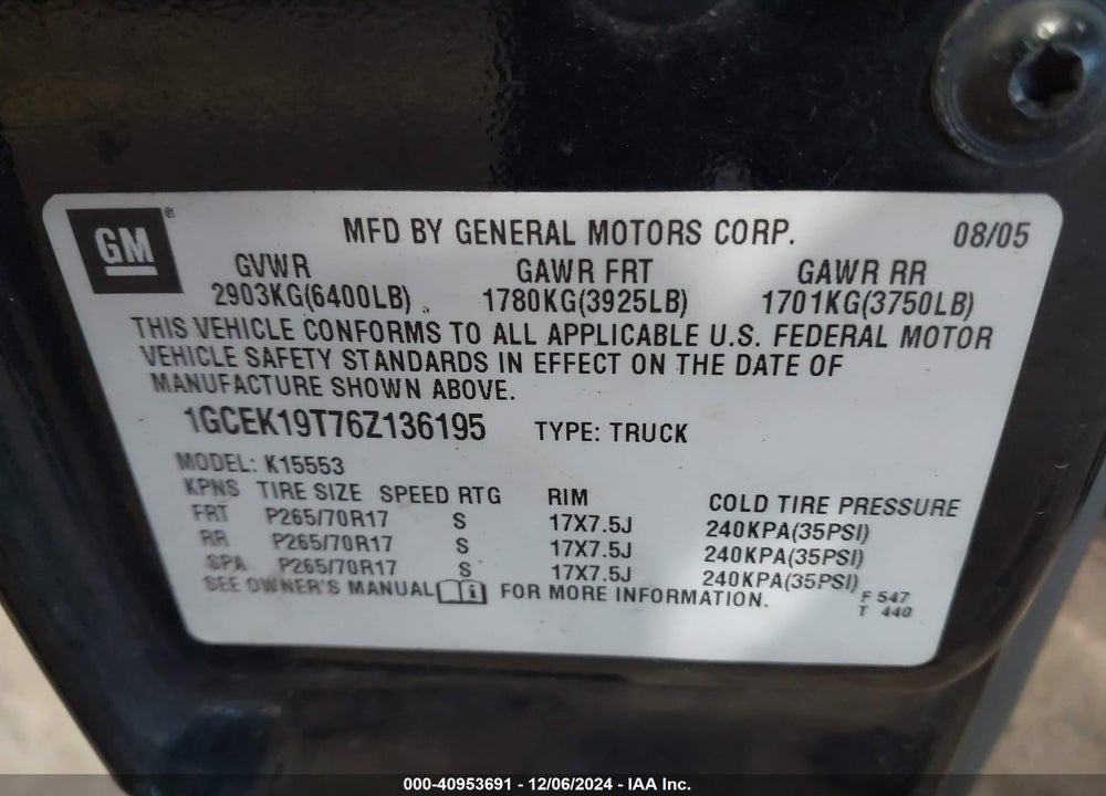 2006 CHEVROLET SILVERADO 1500 LT3 VIN: 1GCEK19T76Z136195