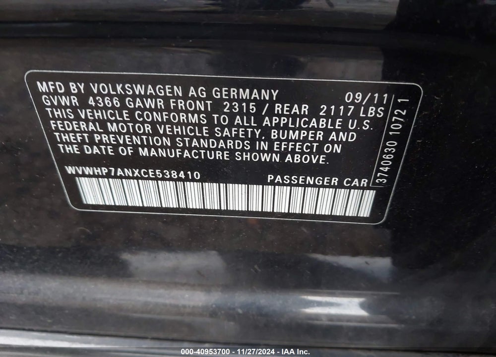 2012 VOLKSWAGEN CC LUX PLUS VIN: WVWHP7ANXCE538410