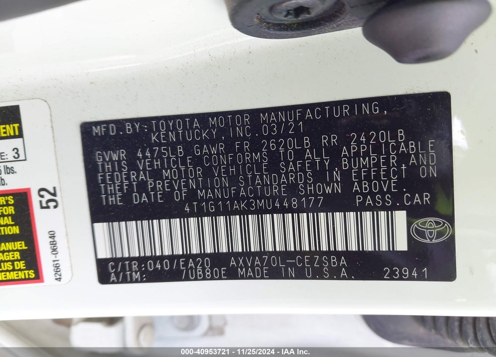 2021 TOYOTA CAMRY SE VIN: 4T1G11AK3MU448177