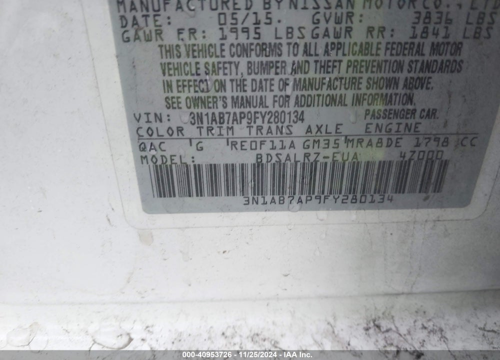 2015 NISSAN SENTRA SR VIN: 3N1AB7AP9FY280134