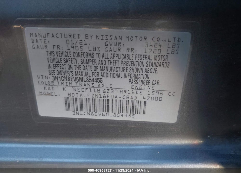 2021 NISSAN VERSA VIN: 3N1CN8EV6ML854455