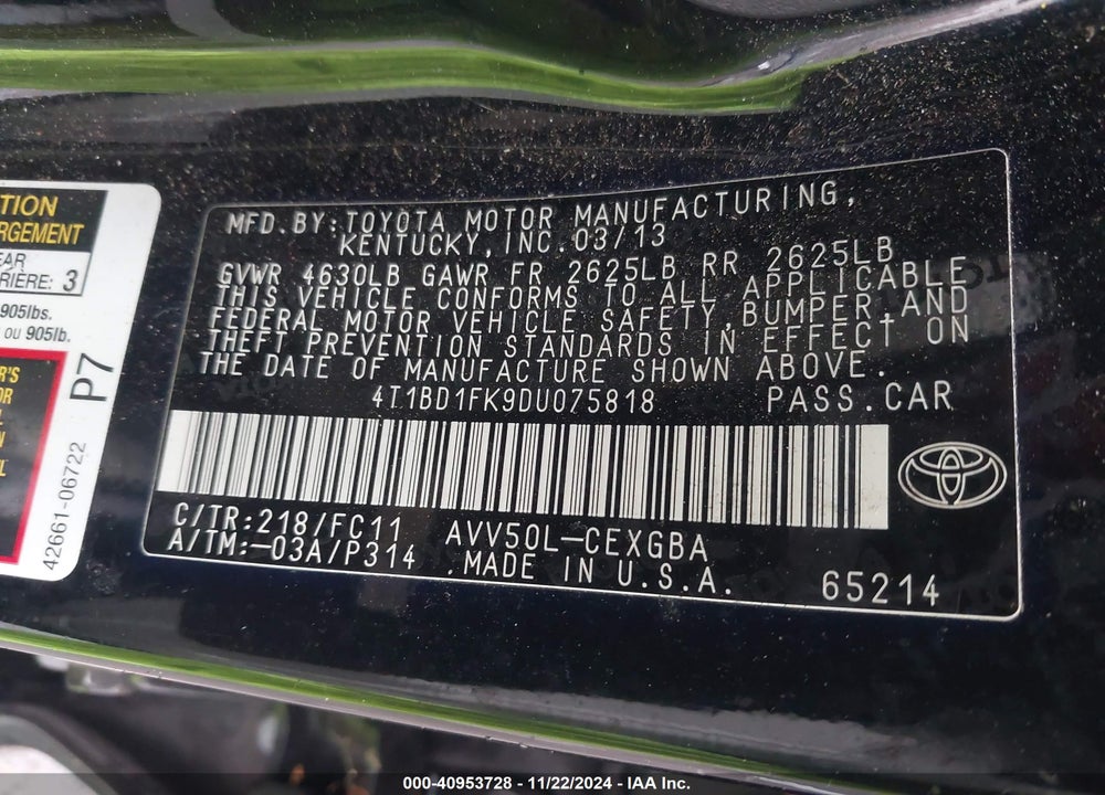 2013 TOYOTA CAMRY HYBRID XLE VIN: 4T1BD1FK9DU075818