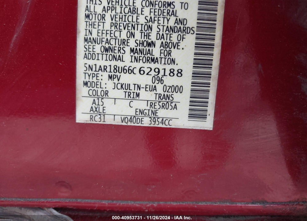 2006 NISSAN PATHFINDER SE VIN: 5N1AR18U66C629188