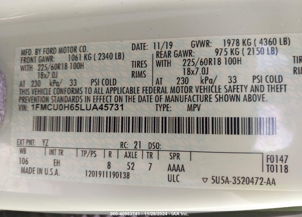 2020 FORD ESCAPE SEL VIN: 1FMCU0H65LUA45731