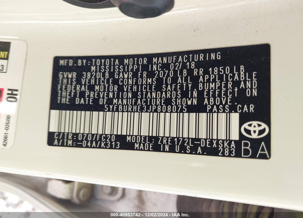2018 TOYOTA COROLLA L/LE/XLE/SE/XSE VIN: 5YFBURHE3JP808075