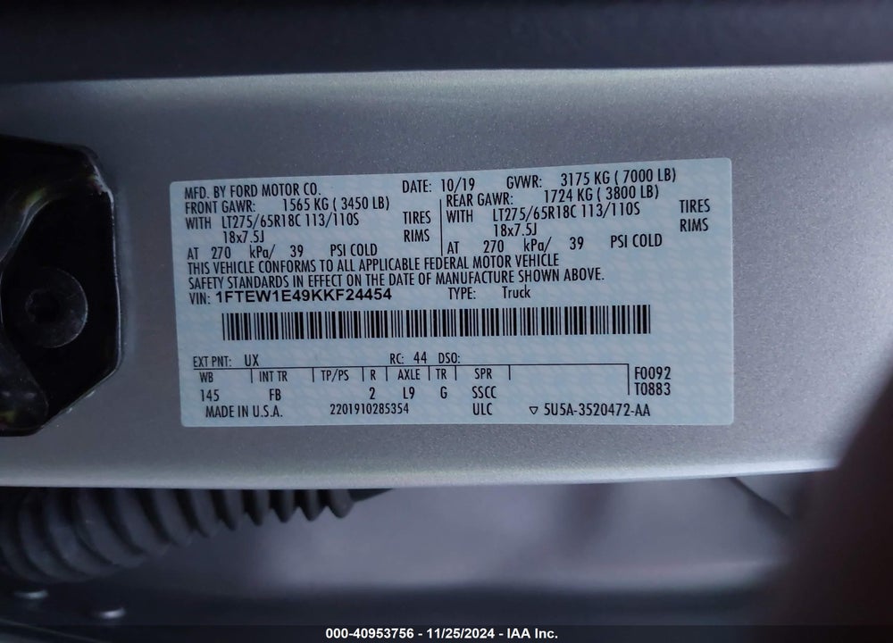 2019 FORD F-150 XLT VIN: 1FTEW1E49KKF24454