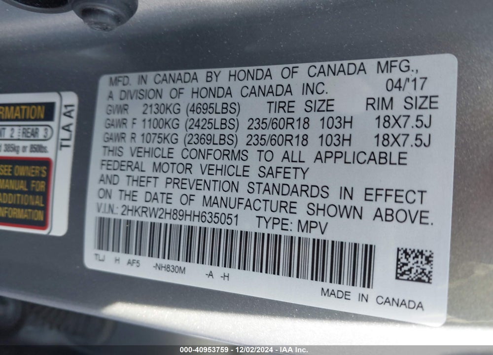 2017 HONDA CR-V EX-L/EX-L NAVI VIN: 2HKRW2H89HH635051