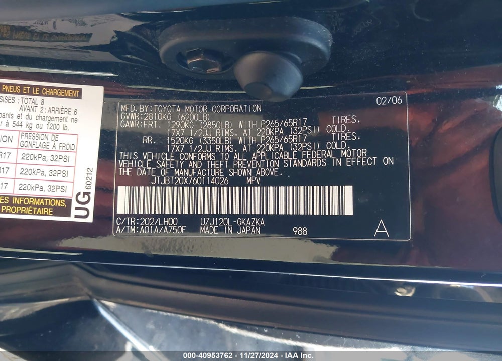 2006 LEXUS GX 470 VIN: JTJBT20X760114026