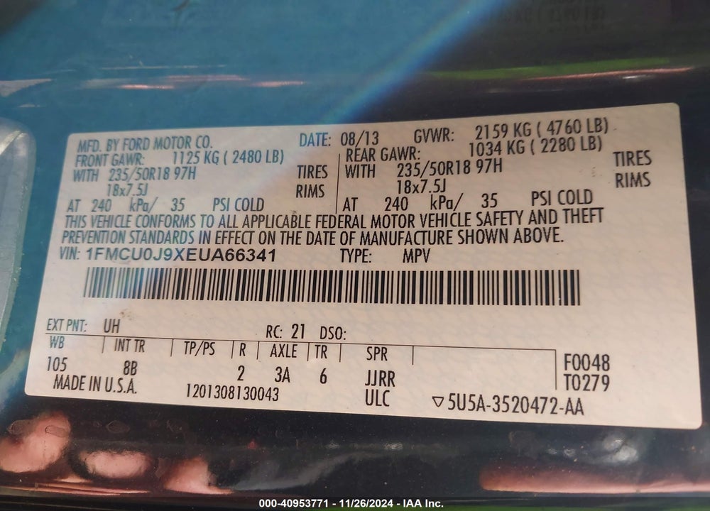 2014 FORD ESCAPE TITANIUM VIN: 1FMCU0J9XEUA66341