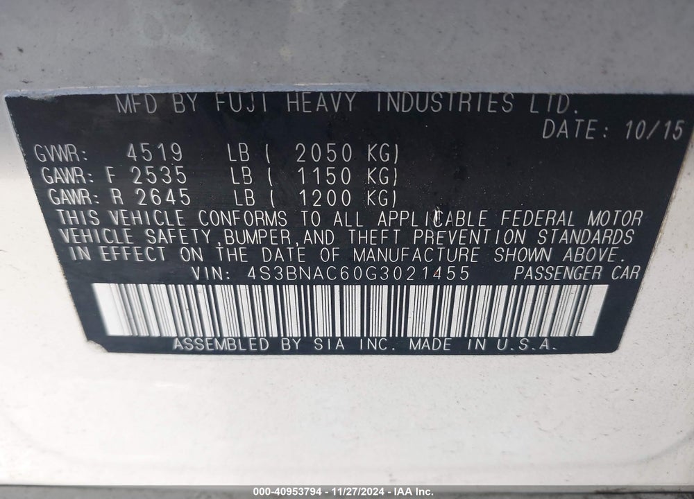2016 SUBARU LEGACY 2.5I PREMIUM VIN: 4S3BNAC60G3021455