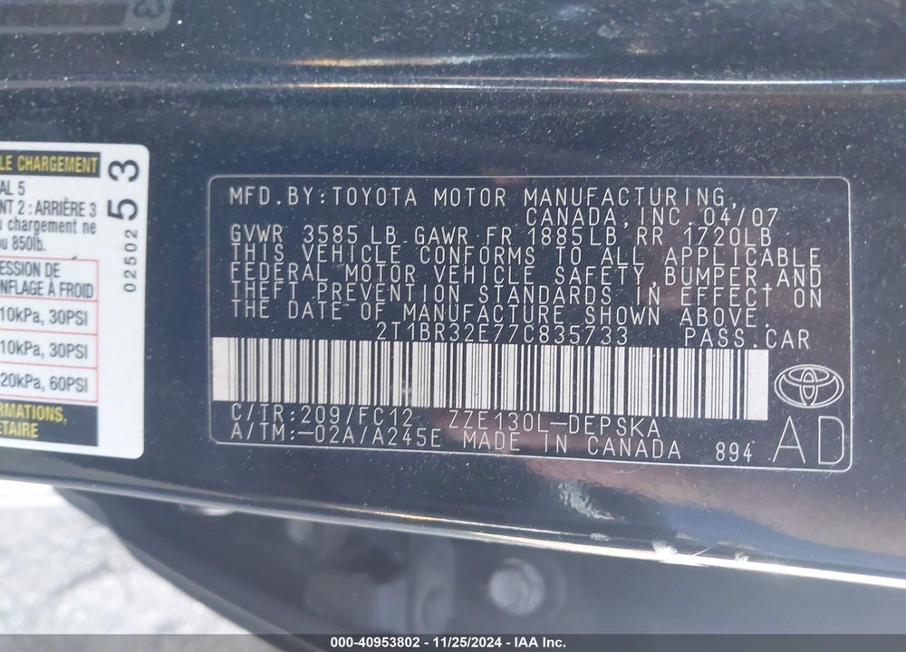 2007 TOYOTA COROLLA S VIN: 2T1BR32E77C835733