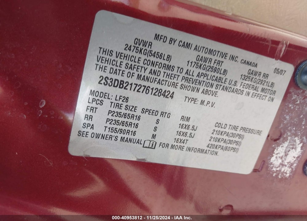 2007 SUZUKI XL7 VIN: 2S3DB217276128424