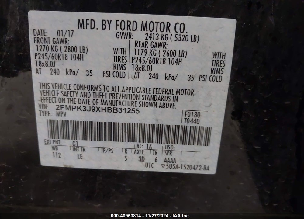 2017 FORD EDGE SEL VIN: 2FMPK3J9XHBB31255