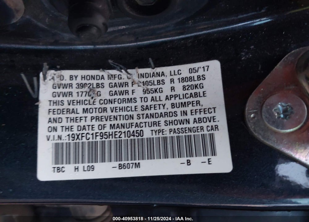 2017 HONDA CIVIC TOURING VIN: 19XFC1F95HE210450