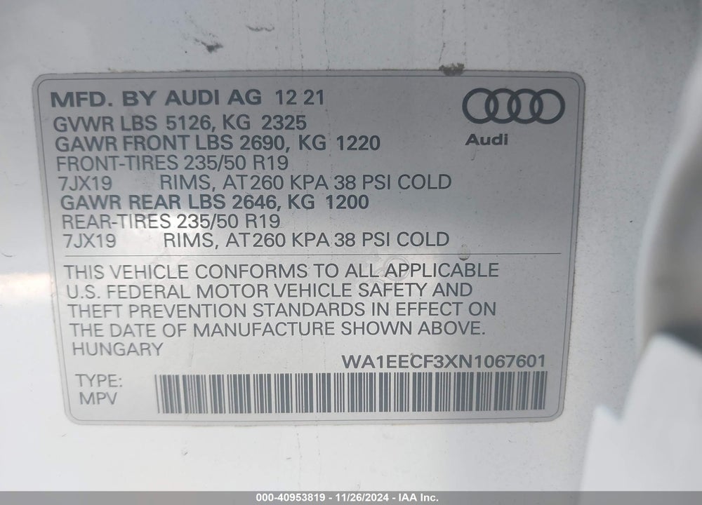2022 AUDI Q3 PREMIUM PLUS 45 TFSI S LINE QUATTRO TIPTRONIC VIN: WA1EECF3XN1067601