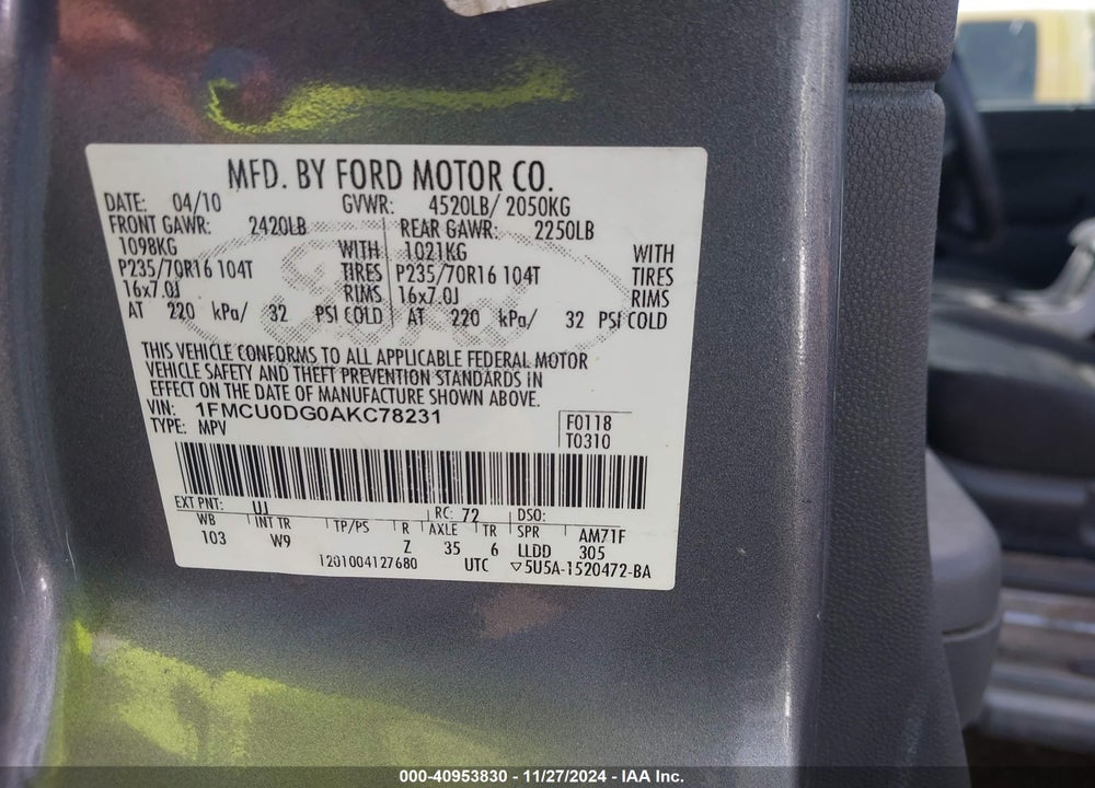 2010 FORD ESCAPE XLT VIN: 1FMCU0DG0AKC78231