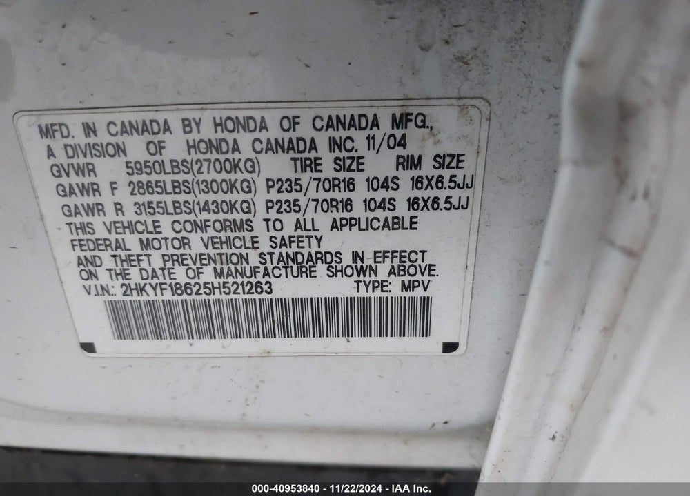 2005 HONDA PILOT EX-L VIN: 2HKYF18625H521263