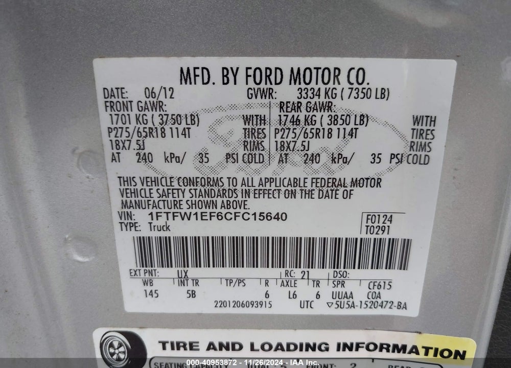 2012 FORD F-150 VIN: 1FTFW1EF6CFC15640