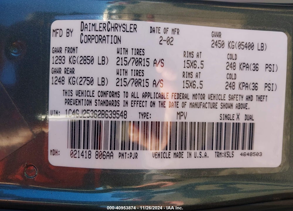 2002 CHRYSLER VOYAGER VIN: 1C4GJ25362B639548