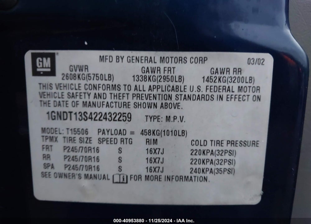 2002 CHEVROLET TRAILBLAZER LT VIN: 1GNDT13S422432259