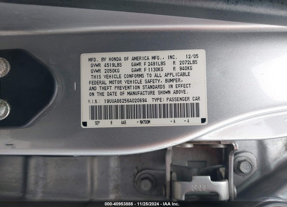 2006 ACURA TL VIN: 19UUA66256A020694