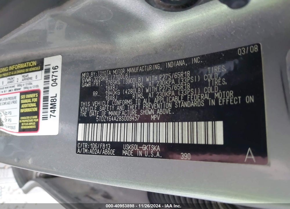 2008 TOYOTA SEQUOIA SR5 5.7L V8 VIN: 5TDZY64A28S009457
