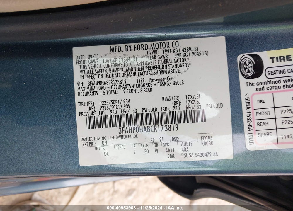 2012 FORD FUSION SE VIN: 3FAHP0HA8CR173819