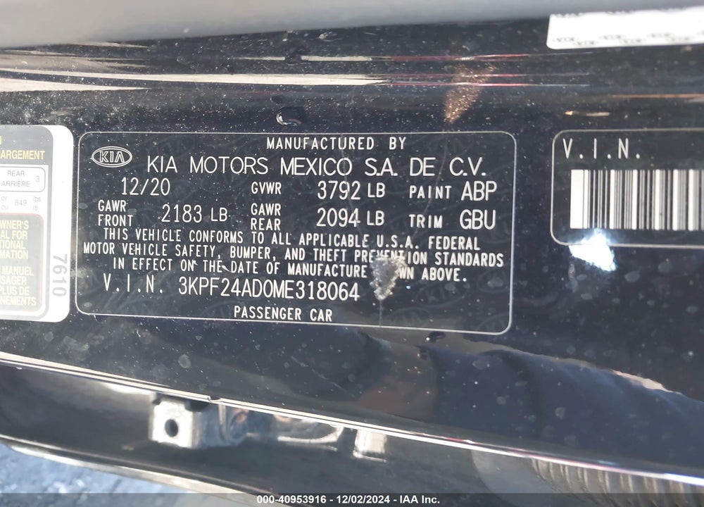 2021 KIA FORTE VIN: 3KPF24AD0ME318064