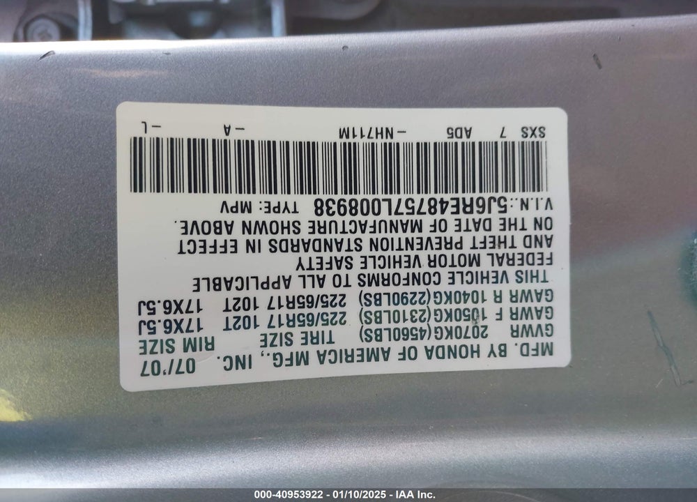 2007 HONDA CR-V EX-L VIN: 5J6RE48757L008938