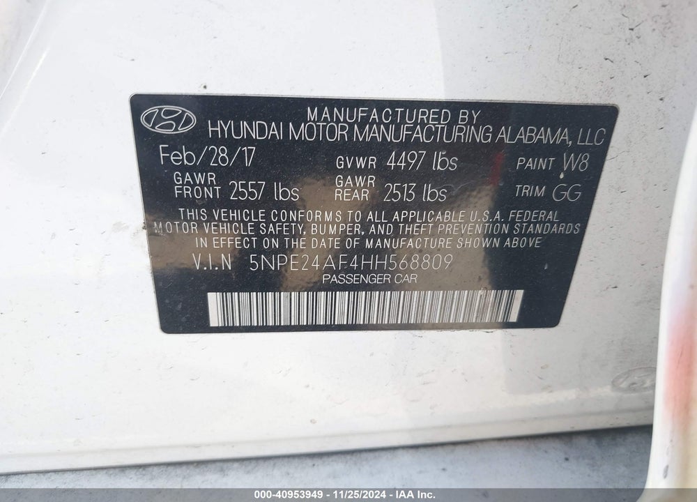 2017 HYUNDAI SONATA VIN: 5NPE24AF4HH568809