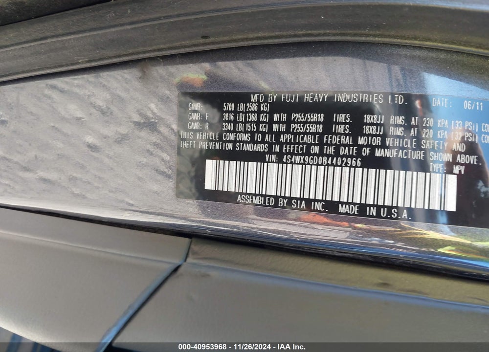 2011 SUBARU TRIBECA 3.6R LIMITED VIN: 4S4WX9GD0B4402966
