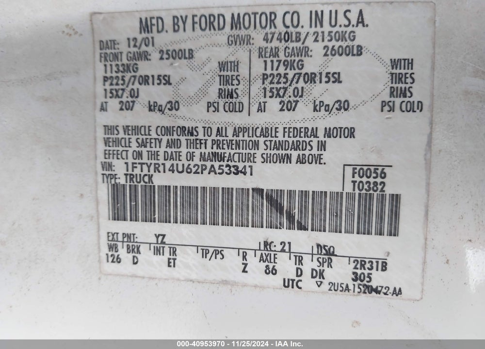 2002 FORD RANGER EDGE/TREMOR/XL/XLT VIN: 1FTYR14U62PA53341