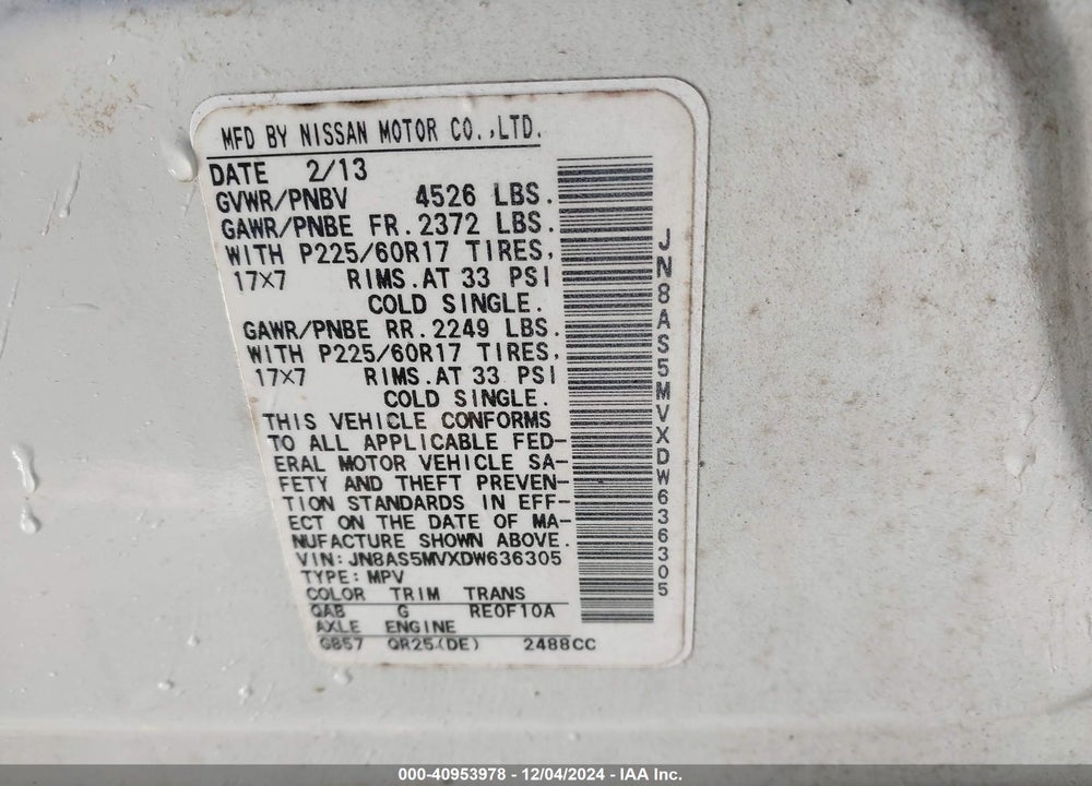 2013 NISSAN ROGUE SV VIN: JN8AS5MVXDW636305