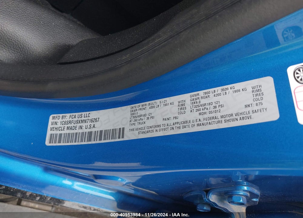 2021 RAM 1500 TRX 4X4 5'7 BOX VIN: 1C6SRFU9XMN716267