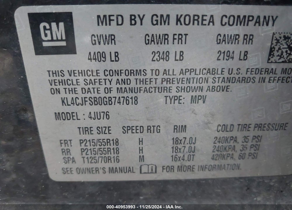 2016 BUICK ENCORE CONVENIENCE VIN: KL4CJFSB0GB747618