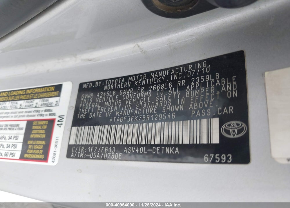 2011 TOYOTA CAMRY LE VIN: 4T4BF3EK7BR129546