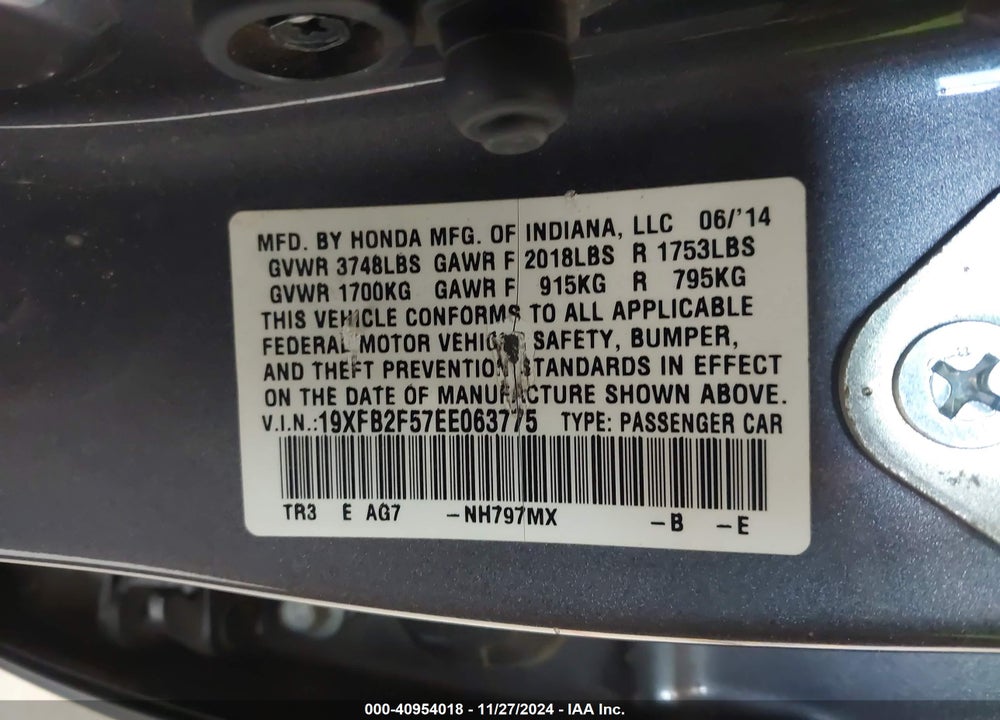 2014 HONDA CIVIC VIN: 19XFB2F57EE063775