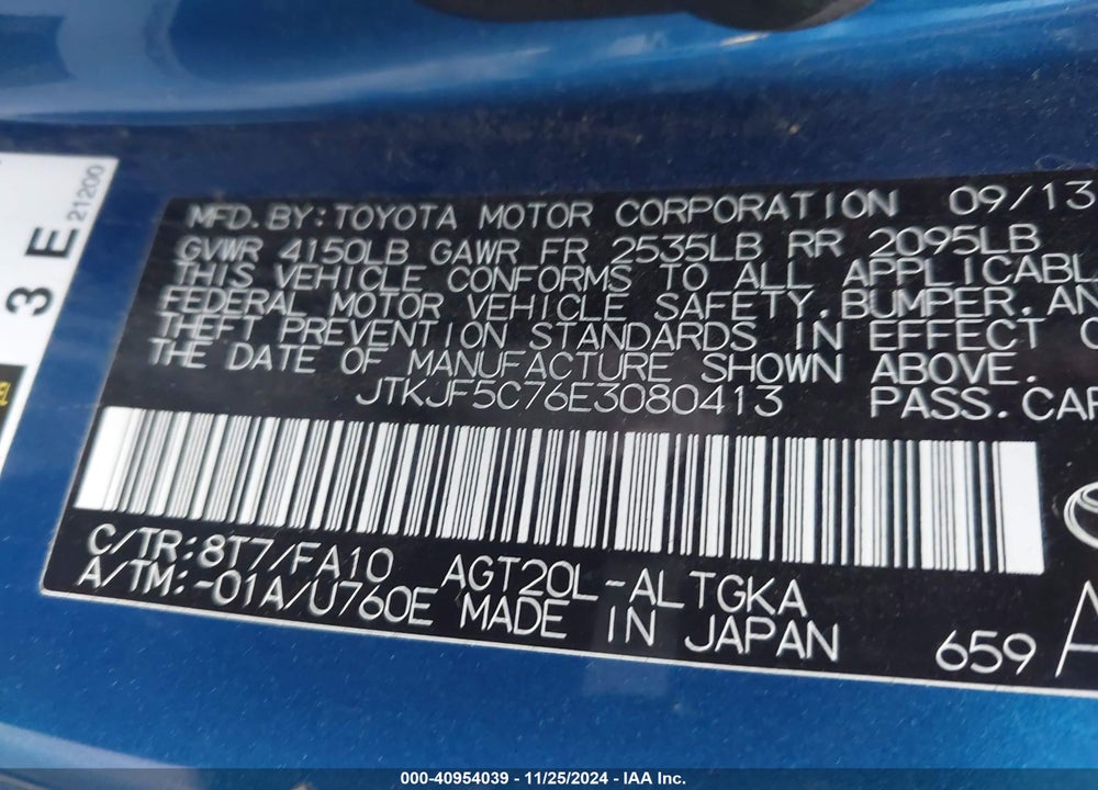 2014 SCION TC VIN: JTKJF5C76E3080413