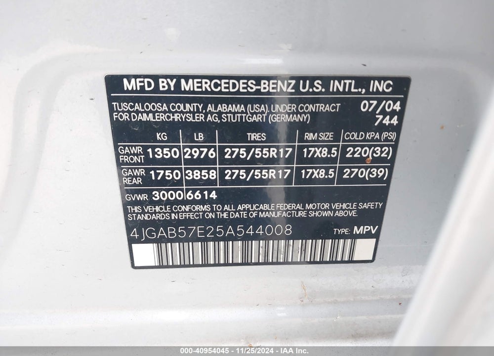 2005 MERCEDES-BENZ ML 350 4MATIC VIN: 4JGAB57E25A544008