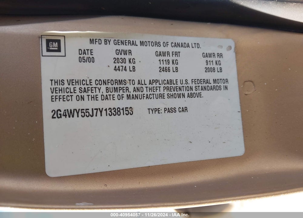 2000 BUICK CENTURY LIMITED VIN: 2G4WY55J7Y1338153