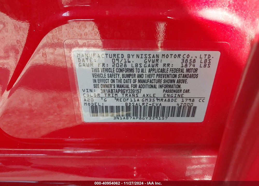 2016 NISSAN SENTRA SR VIN: 3N1AB7AP8GY339157