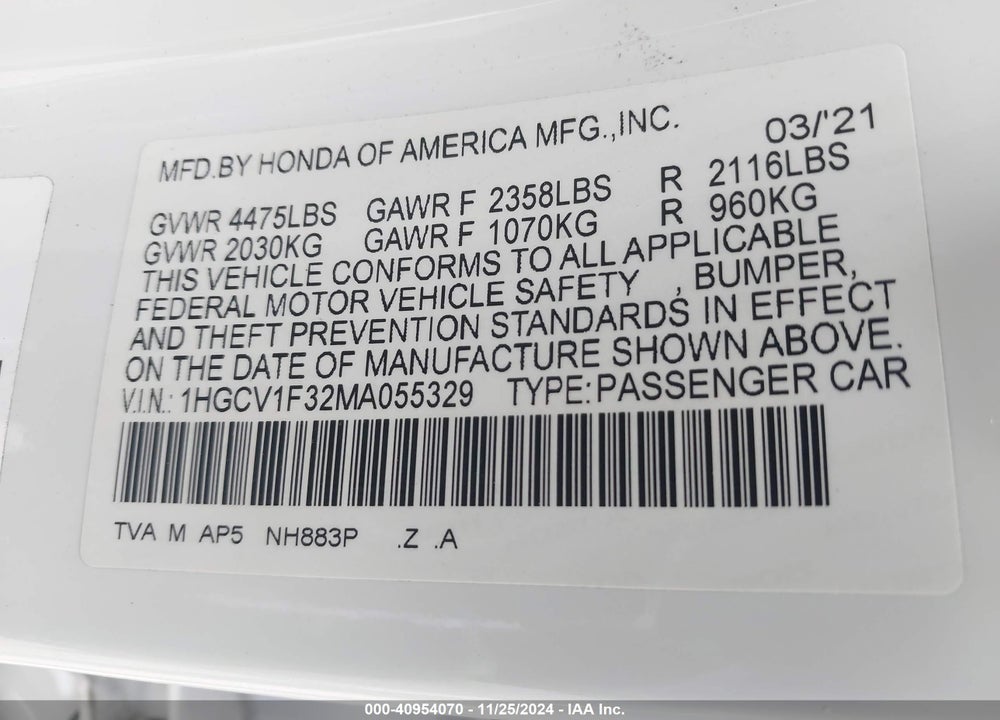 2021 HONDA ACCORD SPORT VIN: 1HGCV1F32MA055329