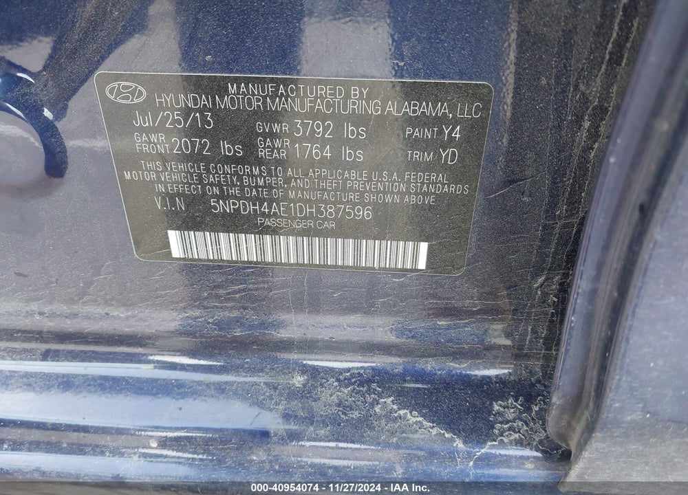 2013 HYUNDAI ELANTRA LIMITED VIN: 5NPDH4AE1DH387596