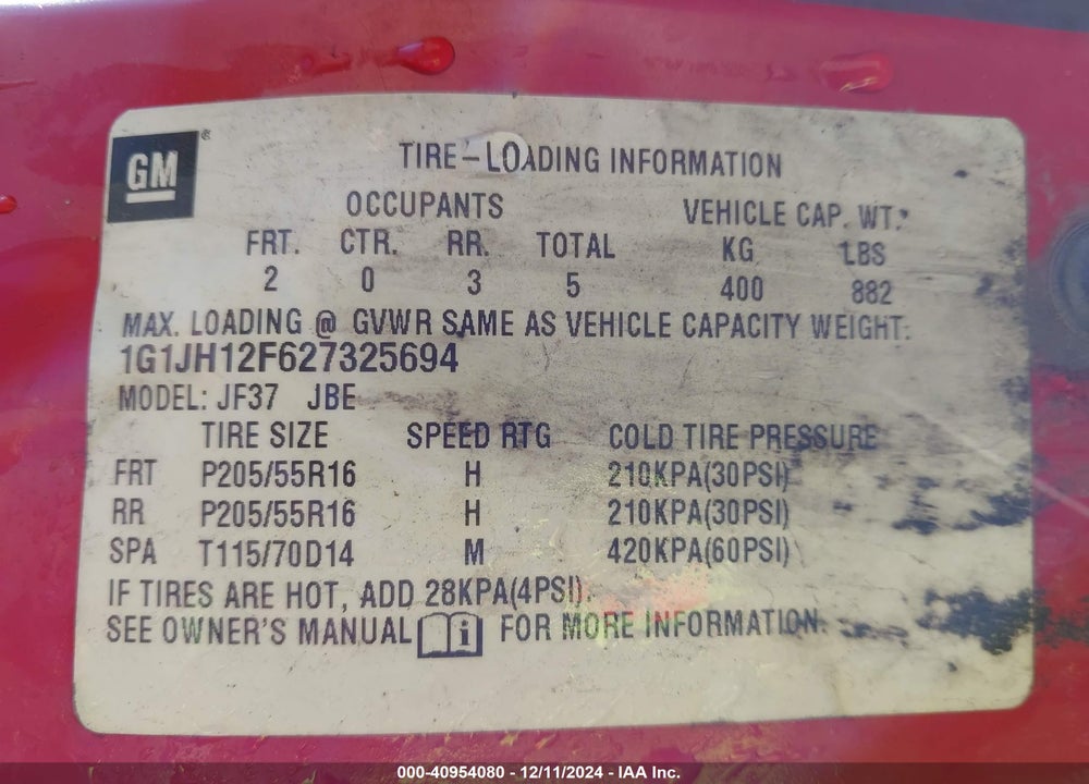 2002 CHEVROLET CAVALIER Z24 VIN: 1G1JH12F627325694