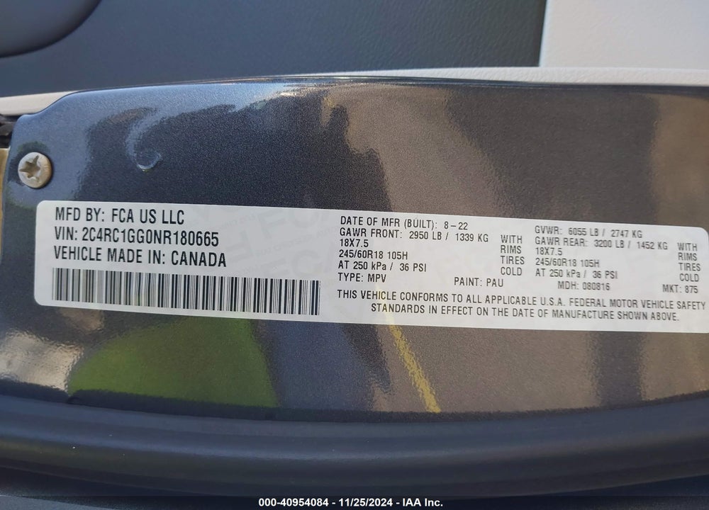 2022 CHRYSLER PACIFICA LIMITED VIN: 2C4RC1GG0NR180665