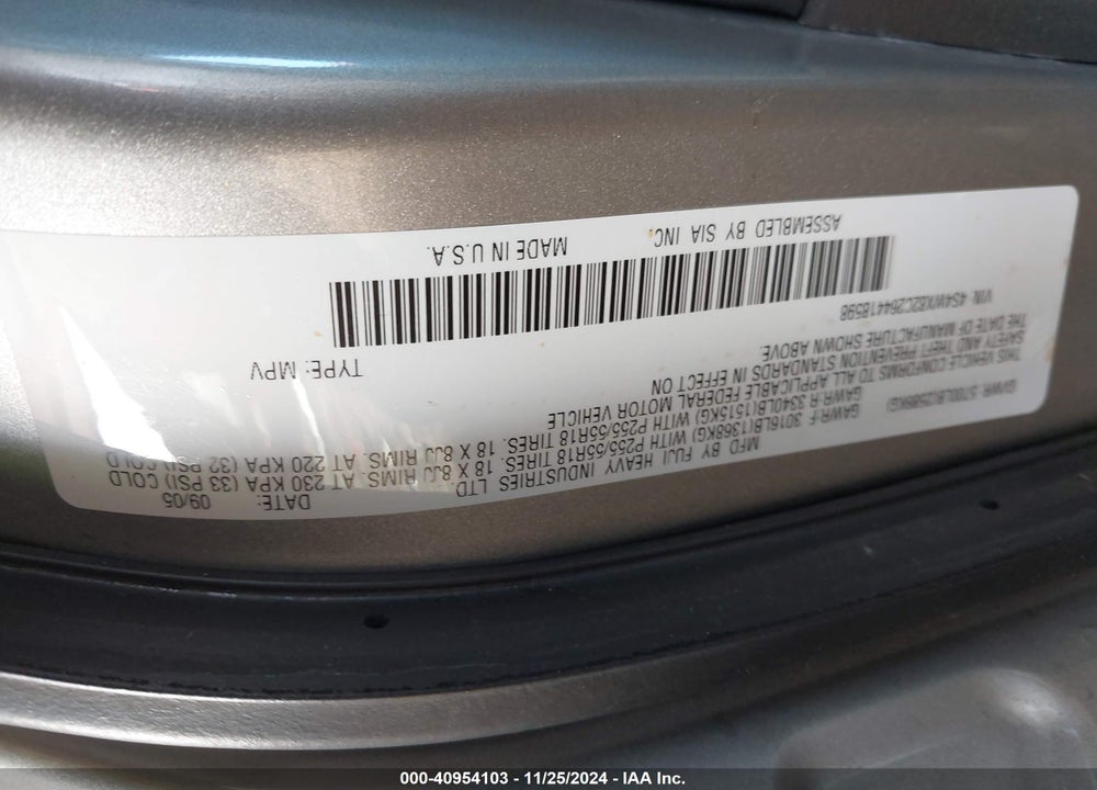 2006 SUBARU B9 TRIBECA BASE 5-PASSENGER/LIMITED 5-PASSENGER VIN: 4S4WX82C264418598
