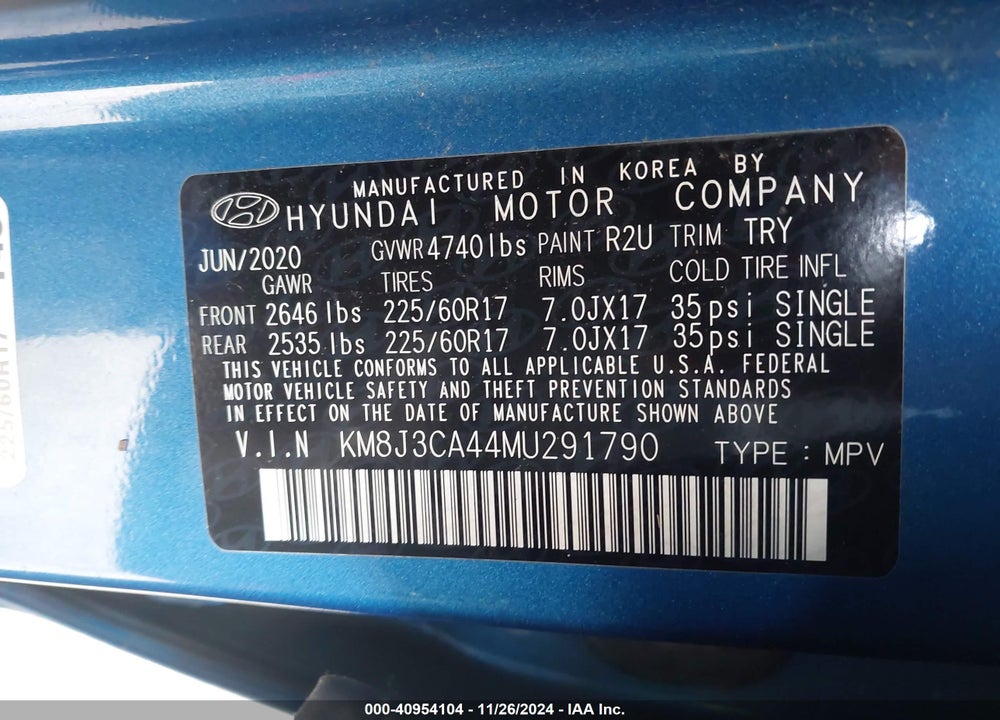 2021 HYUNDAI TUCSON VALUE VIN: KM8J3CA44MU291790