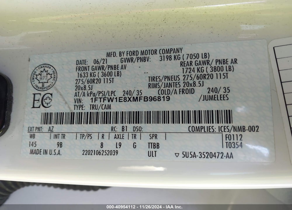 2021 FORD F-150 VIN: 1FTFW1E8XMFB96819